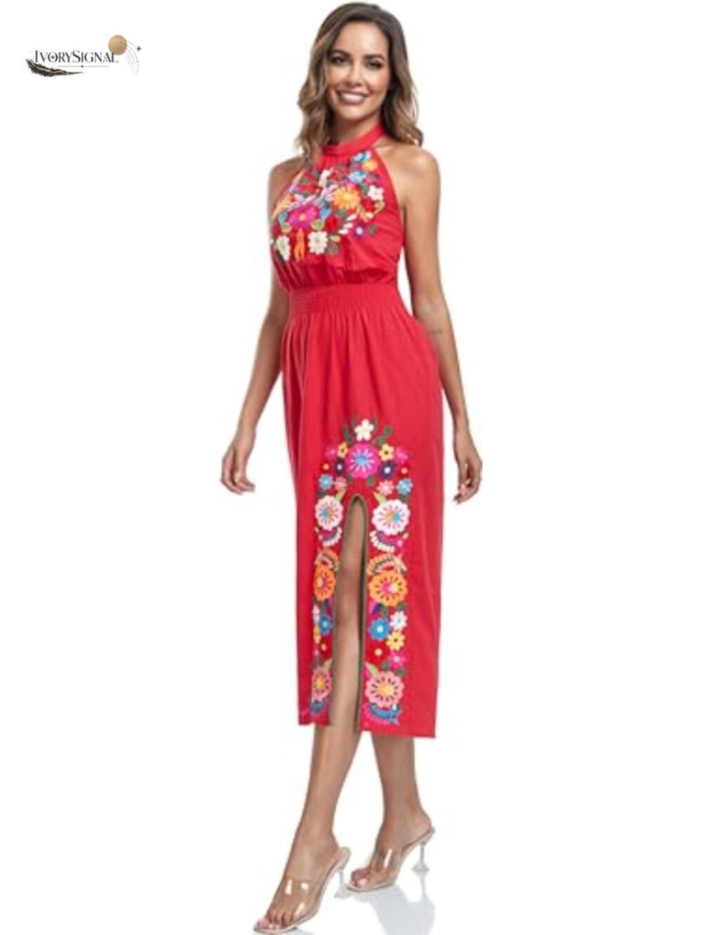 Cotton Mexican Floral Embroidered Halter Maxi Dress Side Slit Boho